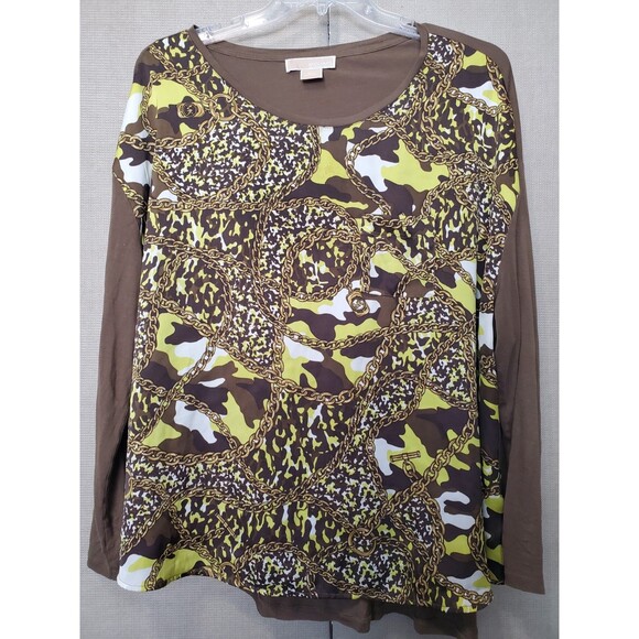 Michael Kors Mixed Media Camo Animal Chain Print Long Sleeve Blouse Size 2X - Picture 1 of 7